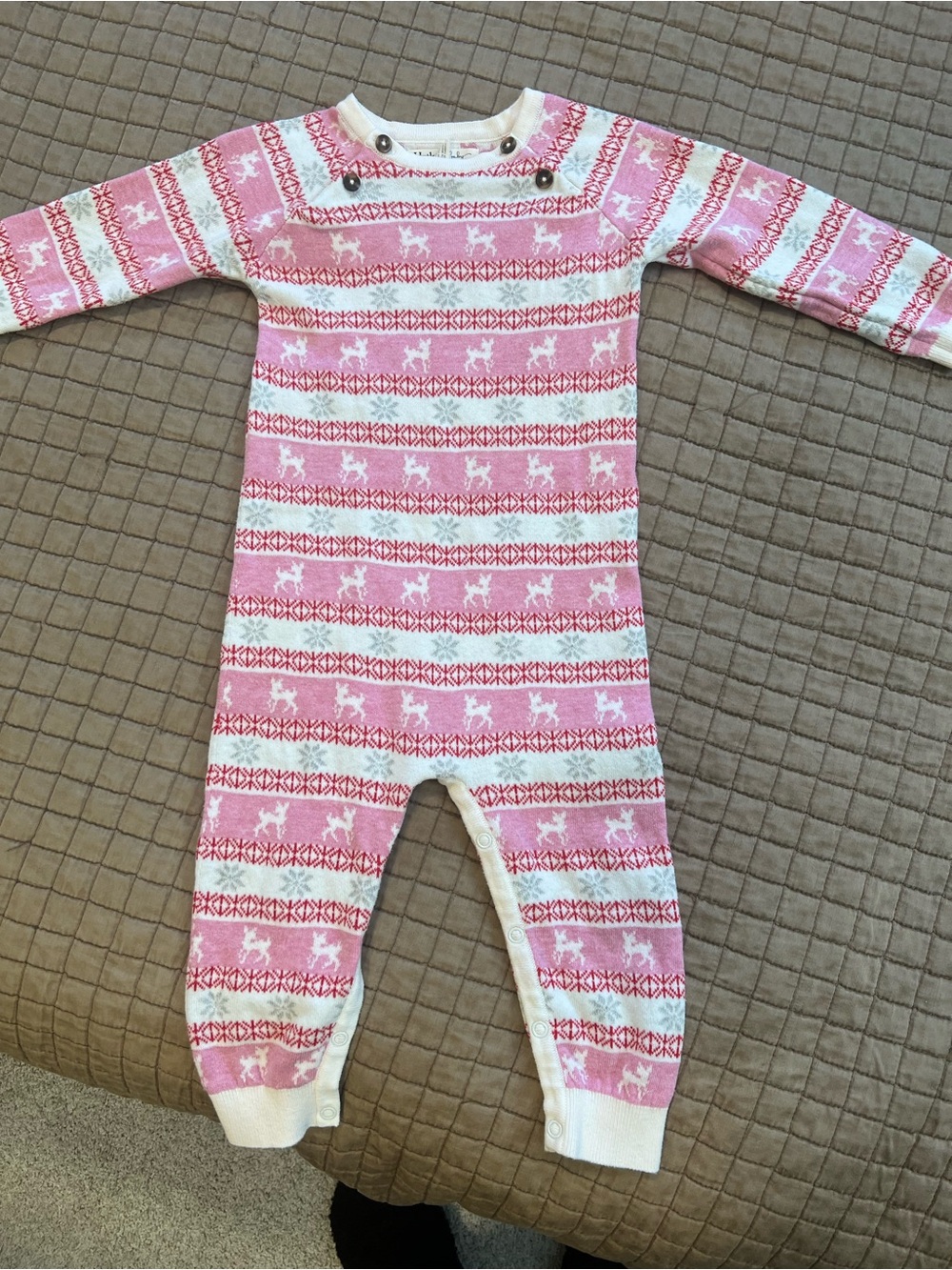 Hatley Pink & White Fair Isle Reindeer Footed One-Piece